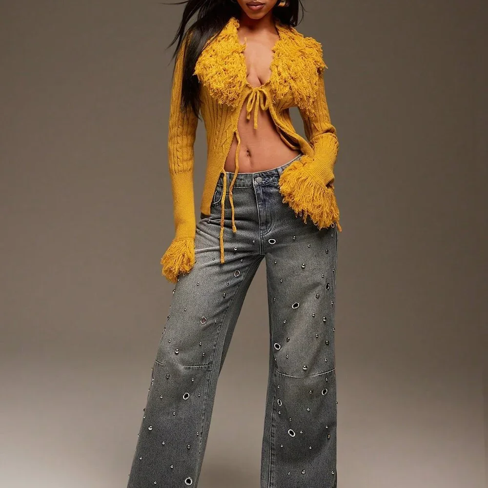 Yellow Casual Women's Fringe Detail Open Front Sweater Cardigan - Picture 4 of 7